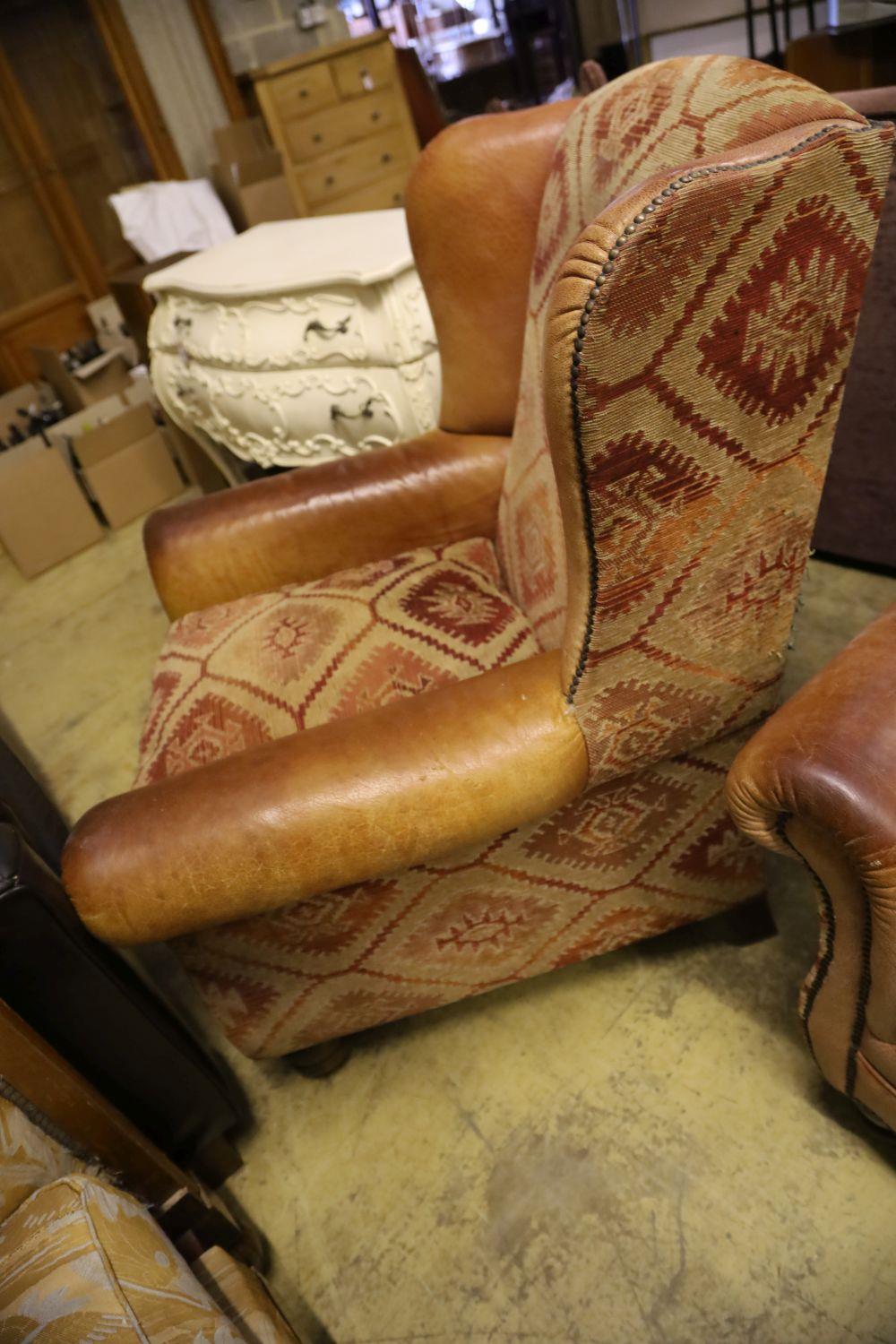 A pair of Tetrad style leather and kelim fabric upholstered wing club armchairs - Image 3 of 3