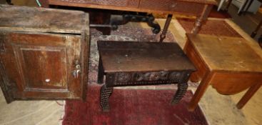 An 18th century oak wall cabinet, width 55cm, depth 28cm, height 61cm together with a commode and