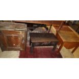 An 18th century oak wall cabinet, width 55cm, depth 28cm, height 61cm together with a commode and