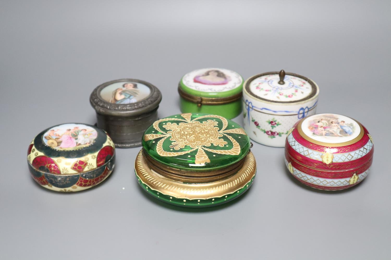 Six 19th century Continental circular trinket boxes, each covered, largest 13cm - Image 2 of 2