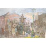 Frederick Wills (1901-1993), gouache, Figures in a town square, Hicks Gallery label verso, 37 x