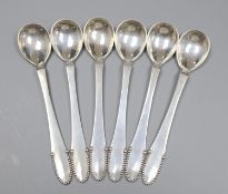 A set of six 1920's Georg Jensen silver egg? spoons, import marks for London, 1925, 11.2mm, 75