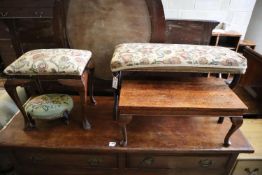 A Victorian 'X' frame stool, width 82cm, together with another foot stool and two others