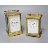 Two brass carriage timepieces, tallest 14cm with handle down