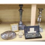 A Victorian Sheffield plate candlestick, one other, a set of Herbertz Guinea scales, a small