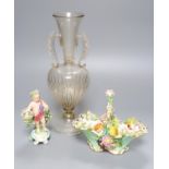 A Coalbrookdale floral encrusted basket, a Bow porcelain putto and a Venetian two handled glass