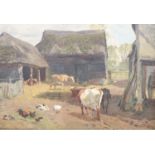 Charles Collins (1851-1921) oil on canvas, Cows, ducks and chickens in a farmyard, signed and