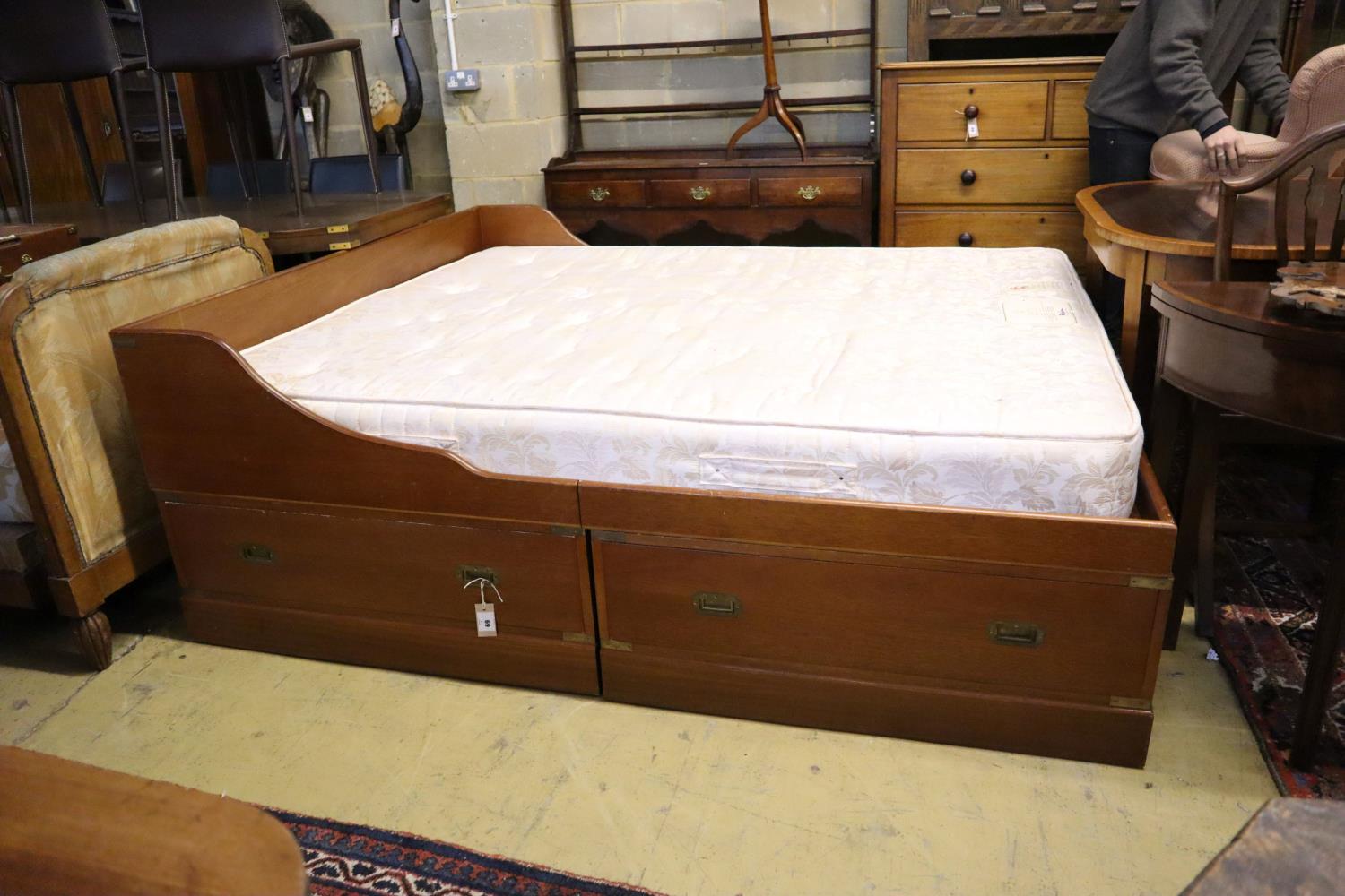 Jans of London. A reproduction mahogany campaign style double bed frame and mattress, folding top - Image 5 of 7