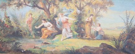 Continental School, gouache on paper laid on canvas, Classical scene with muses catching