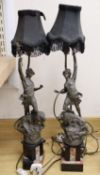 A pair of patinated spelter figural table lamps, 68cm inc. shade