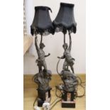 A pair of patinated spelter figural table lamps, 68cm inc. shade