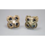 A pair of 9ct gold and gem set earrings, no butterflies, gross 0.9 grams.