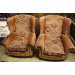 A pair of Tetrad style leather and kelim fabric upholstered wing club armchairs