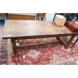 An 18th century style oak refectory dining table, width 211cm, depth 83cm, height 75cm