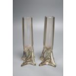 A pair of Loetz style Art Nouveau iridescent vases, of slender square section form on open wrythen