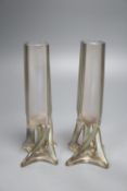 A pair of Loetz style Art Nouveau iridescent vases, of slender square section form on open wrythen