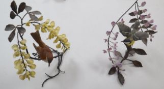 A Boehm model Thrush on a branch with yellow wisteria, and a Coal Tit Thrush on a branch