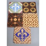 Five encaustic ceramic tiles including A.W.N. Pugin, 15cm, ex Peter Creffield Collection