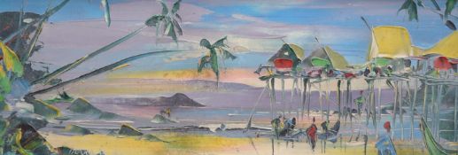 George Richard Deakins, oil on canvas, Caribbean beach scene, signed and dated '69, 30 x 80cm