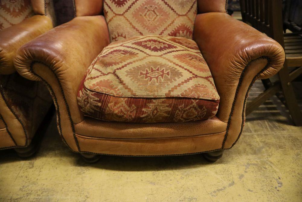 A pair of Tetrad style leather and kelim fabric upholstered wing club armchairs - Image 2 of 3