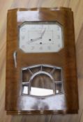 A French Art Deco walnut and chrome musical wall clock, dial signed H.Perrin, Nevers, height 59cm