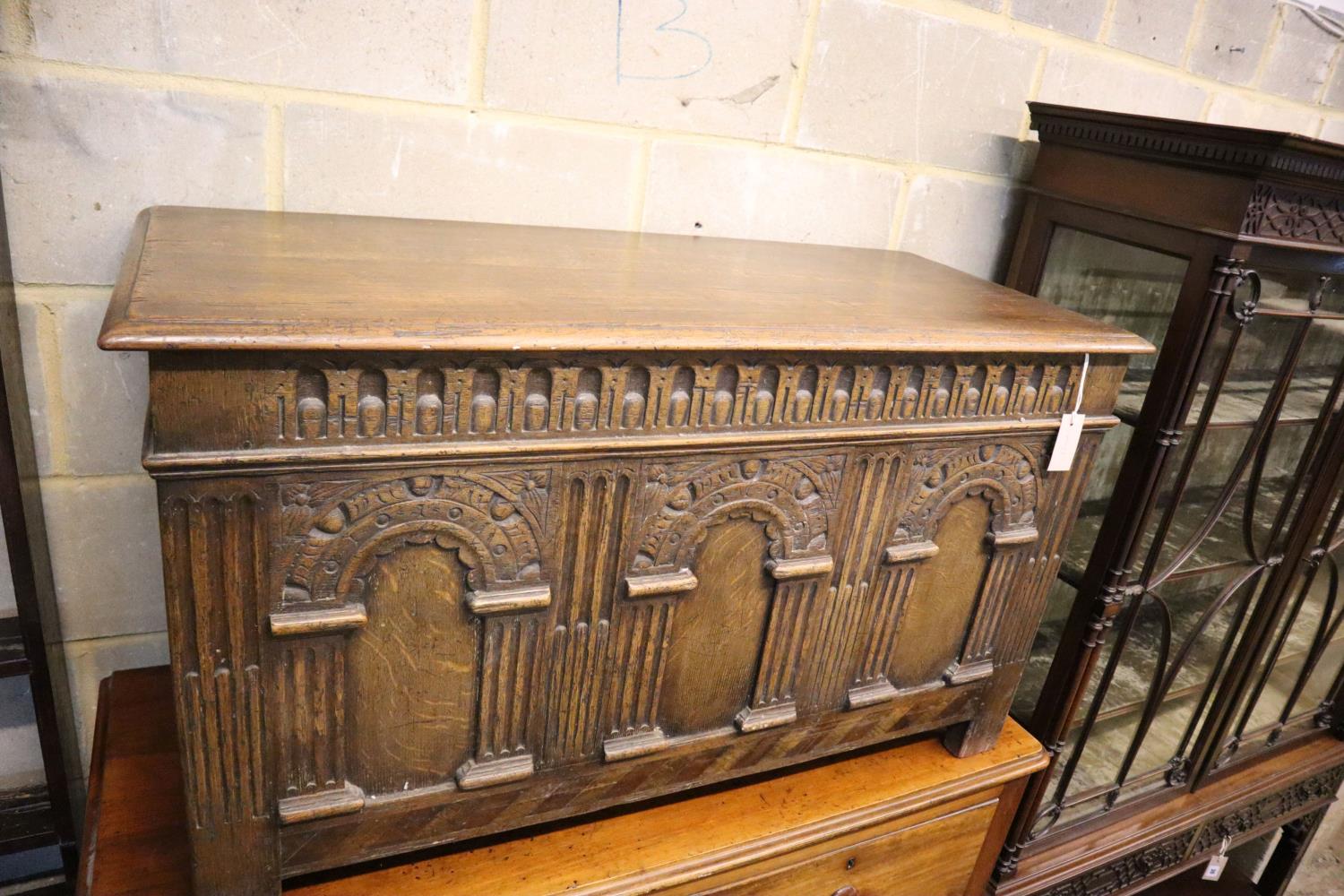 A small 18th century style oak coffer, width 106cm, depth 45cm, height 61cm - Image 2 of 2