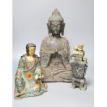 A large bronze Buddha, a Chinese cloisonne enamel figure and a hardstone vase and cover, tallest