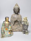 A large bronze Buddha, a Chinese cloisonne enamel figure and a hardstone vase and cover, tallest