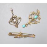 Two Edwardian 9ct and gem set pendants and a 9ct and gem set dragonfly bar brooch, gross 5.6 grams.