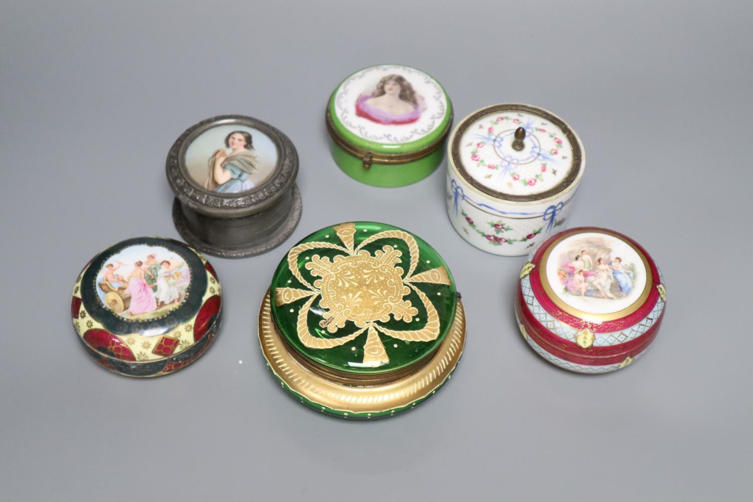 Six 19th century Continental circular trinket boxes, each covered, largest 13cm