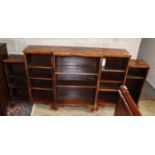 A Queen Anne style burr walnut breakfront open bookcase, width 216cm, depth 31cm, height 105cm