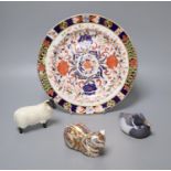 A Crown Derby dish, diameter 26.5cm, a Beswick ram, a Royal Crown Derby flask in the form of a cat