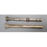 A Victorian gold overlaid telescopic pen/pencil and a silver pencil dated 1848