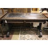 A Victorian carved oak library table, width 126cm, depth 66cm, height 74cm