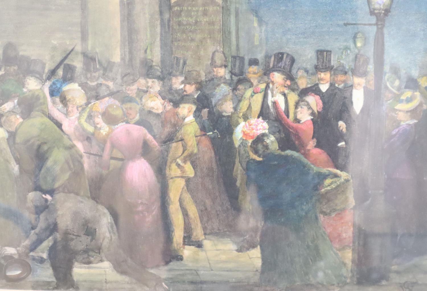 William Strutt (1825-1915), watercolour, Suffragettes protesting in a crowd of gentleman,