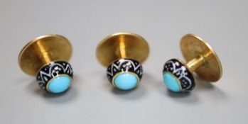 A set of three yellow metal, turquoise and enamel dress studs, gross 3.6 grams.