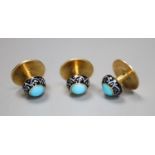 A set of three yellow metal, turquoise and enamel dress studs, gross 3.6 grams.