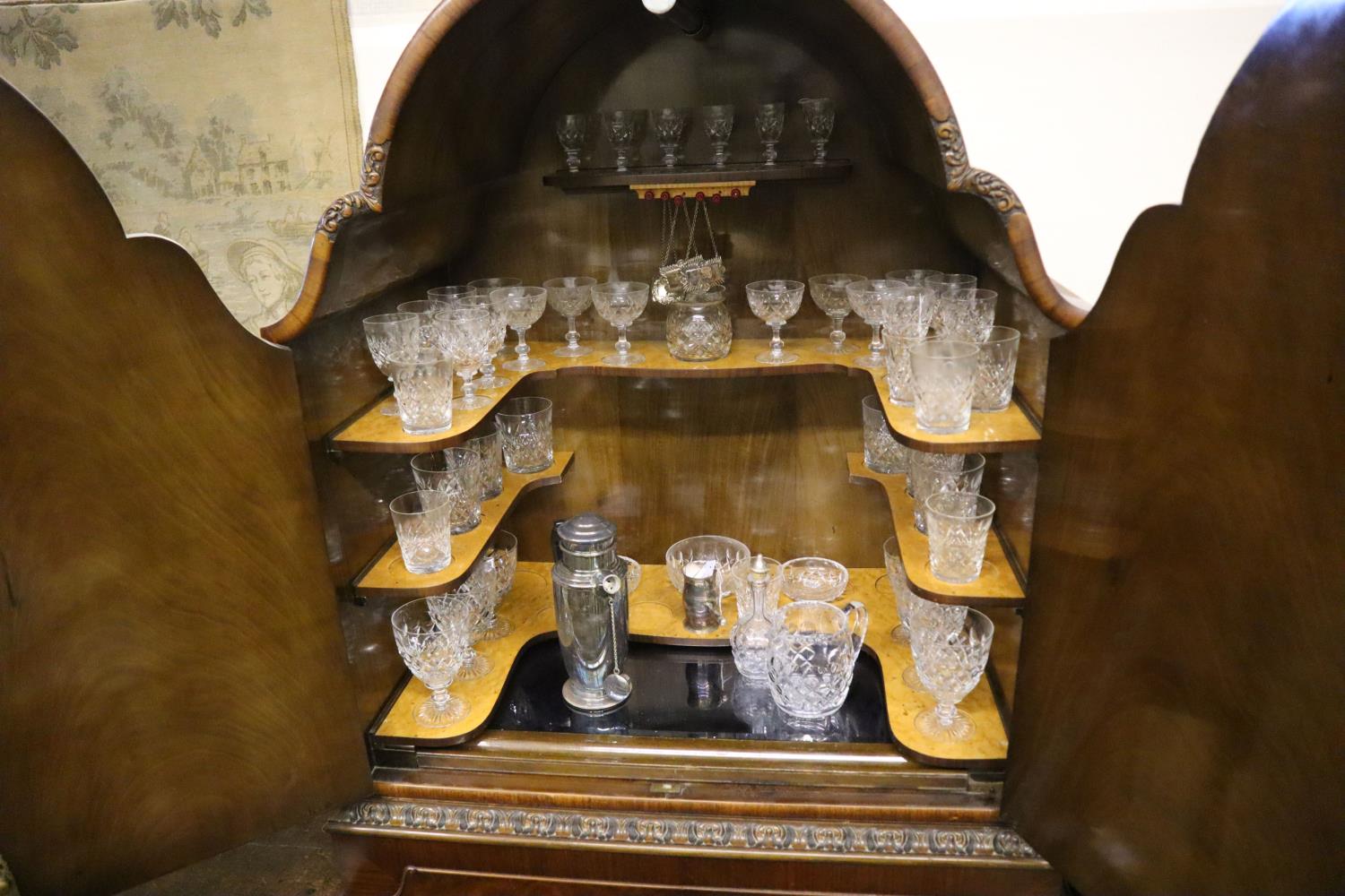 A burr walnut cocktail cabinet, width 81cm, depth 50cm, height 177cm with a collection of Tudor - Image 2 of 3