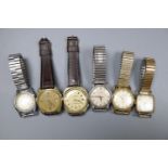 Six assorted wrist watches including Lordson Super De Luxe and Geneva Sport.