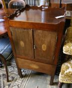 A George III inlaid mahogany tray top commode, width 50cm, depth 50cm, height 89cm