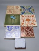 Two ceramic tiles in William de Morgan style and four other tiles, largest 15cm sq., ex Peter