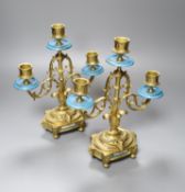 An early 20th century pair of ormolu and porcelain candelabra, with Sevres style plaques to base,