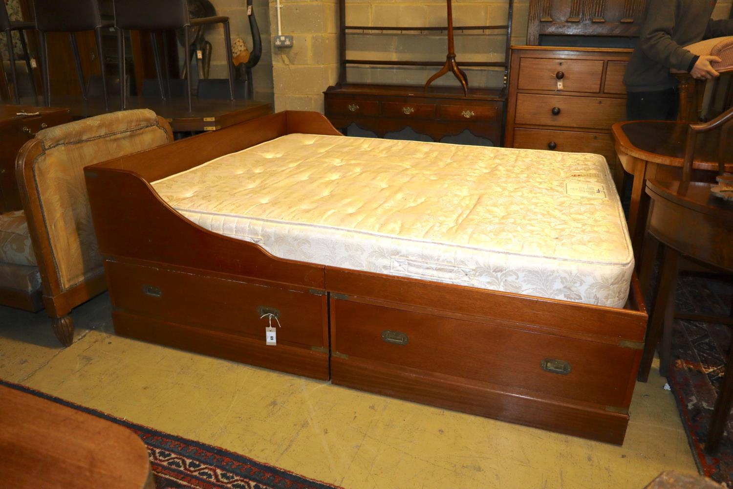 Jans of London. A reproduction mahogany campaign style double bed frame and mattress, folding top - Image 4 of 7