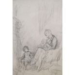 Joseph Clark (1834-1912), pencil drawing, Figures beside the hearth, 22 x 15cm