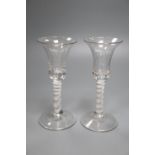 A pair of cotton thread stem wine glasses, c.1760, with teared bell shaped bowls, 18cm