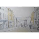 Robin Johnson, a stipple pencil and watercolour wash drawing of School Hill, Lewes as in 1905,
