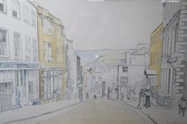 Robin Johnson, a stipple pencil and watercolour wash drawing of School Hill, Lewes as in 1905,