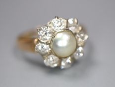 A yellow metal, cultured pearl and diamond set flower head cluster ring, size L, gross 3.1 grams,