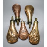 Five Victorian shooting related powder flasks