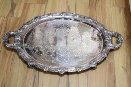 A late Victorian/Edwardian large oval silver-plated twin-handled tray with acanthus border, width